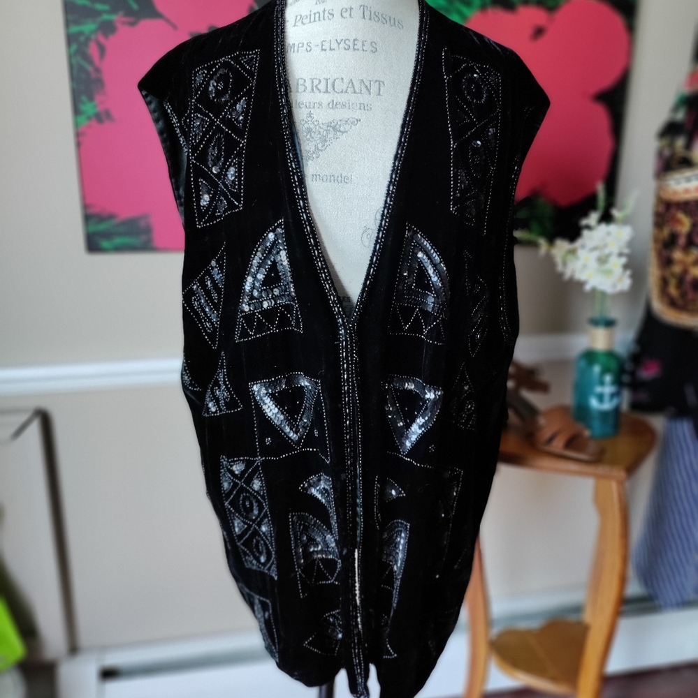 Vintage OLSEN Sigrid Olsen Women's Oversized Velvet and Sequined Vest Size 42